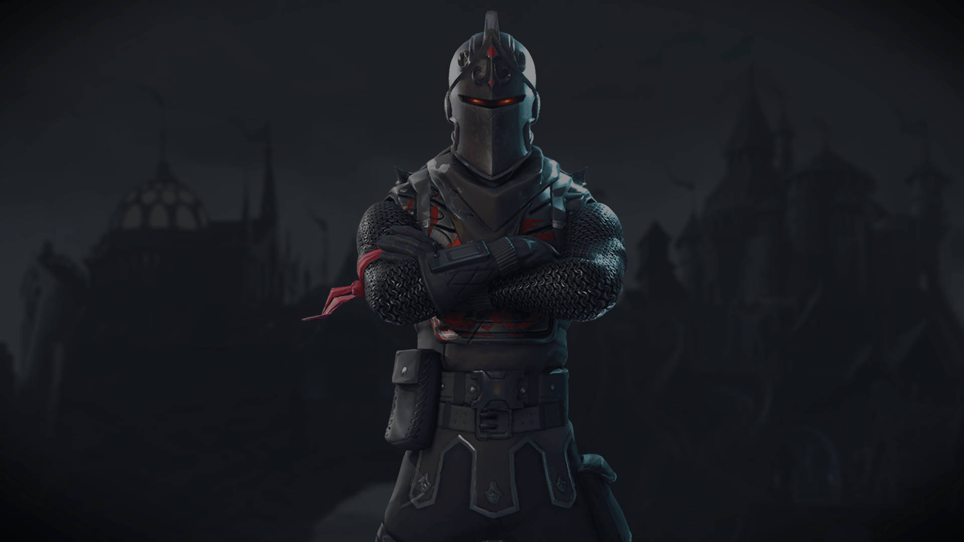 Skin llamada Caballero Negro en Fortnite con fondo de silueta de castillo oscuro en HD.
