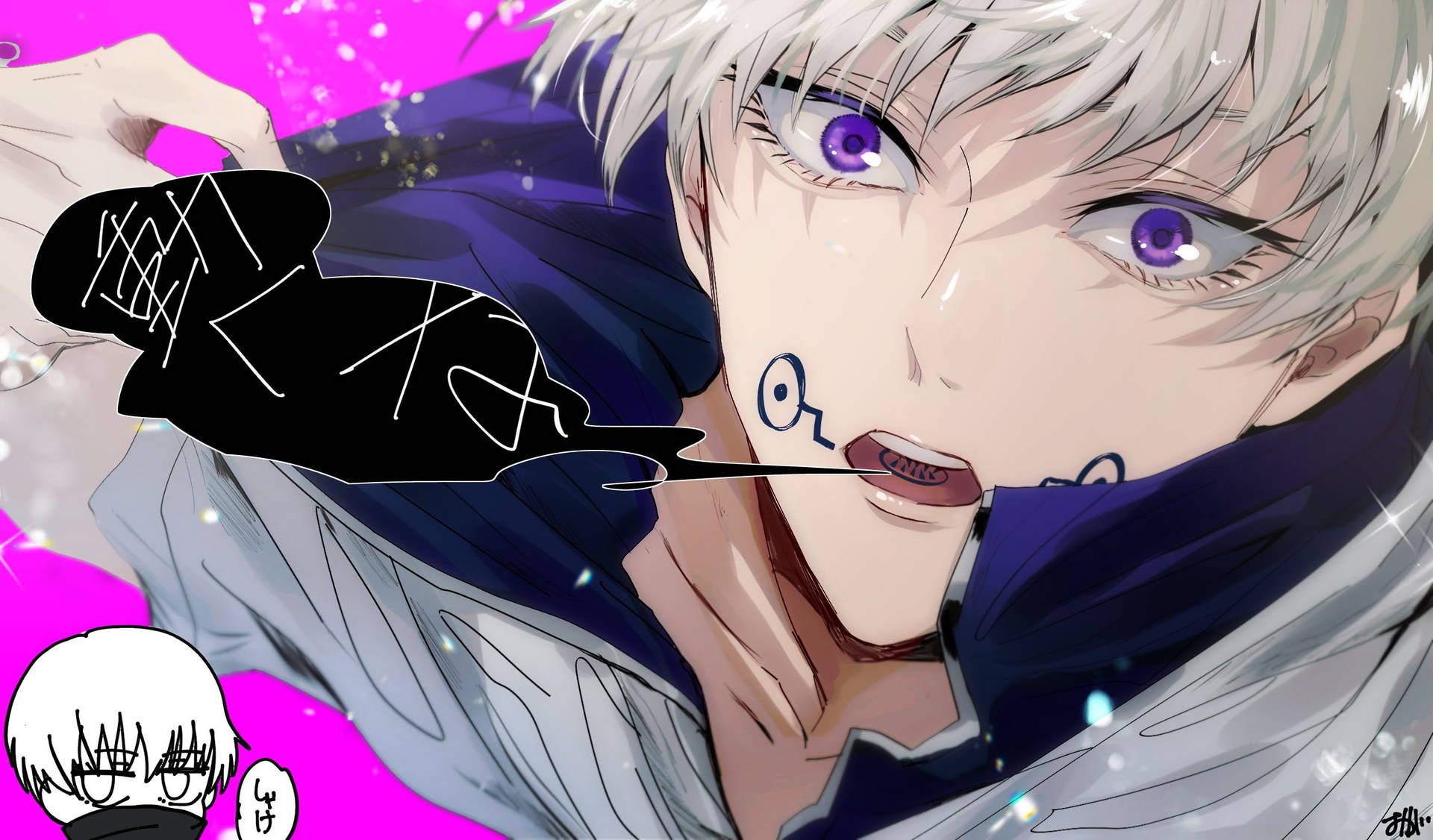 Fondo de pantalla de Toge Inumaki de Jujutsu Kaisen con fondo rosa.