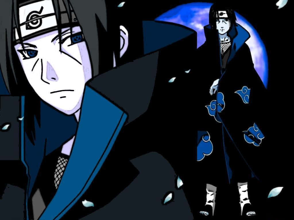 Itachi de cerca y de pie, estética con ojos Sharingan azules y túnica de nubes de Akatsuki Fondos de pantalla