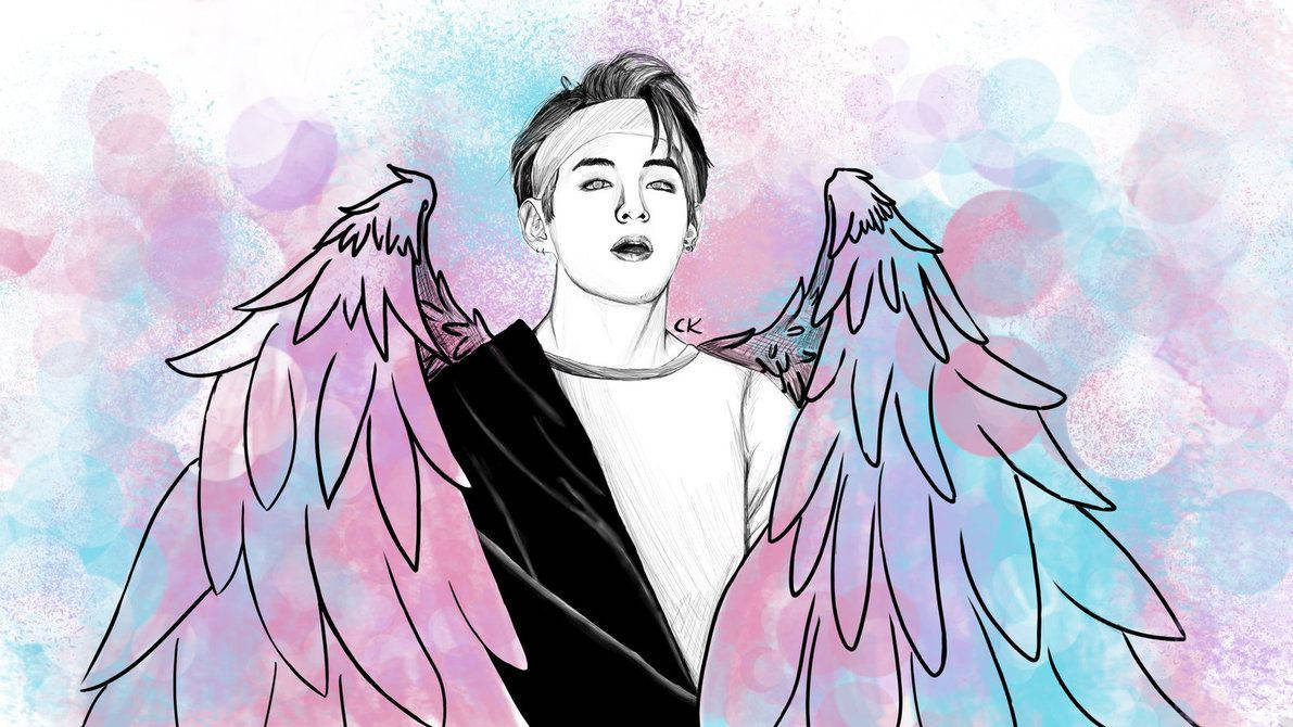 Dibujo fanart de Kim Taehyung de BTS con alas de ángel rosas.