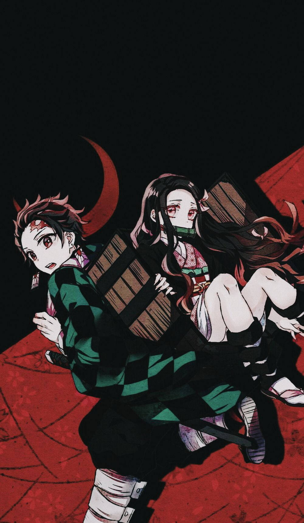 Fondo de pantalla de Demon Slayer de Tanjiro con una caja de madera en la espalda que contiene a Nezuko.