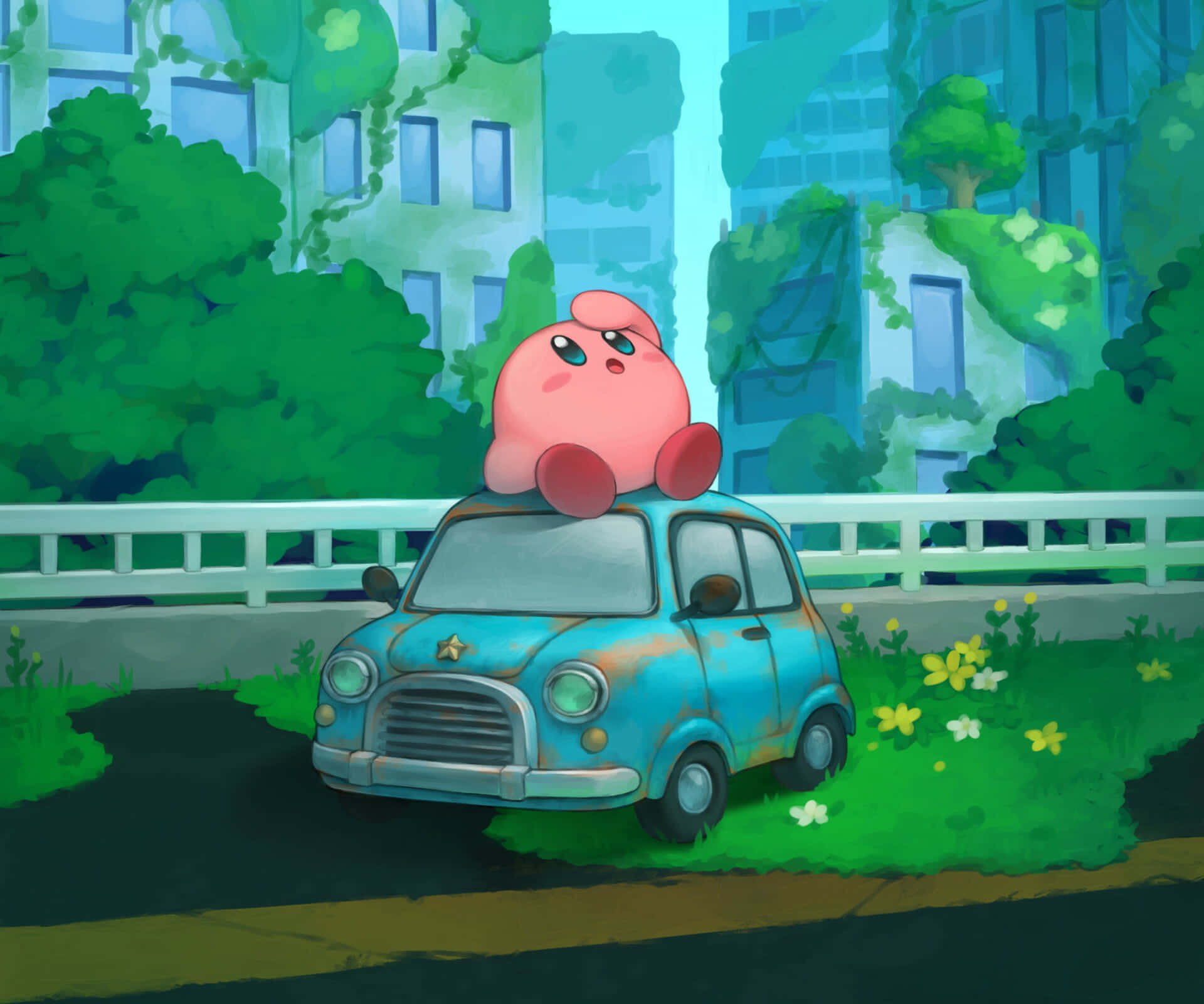 Kirby flotando entre nubes en el cielo rosa Fondos de pantalla