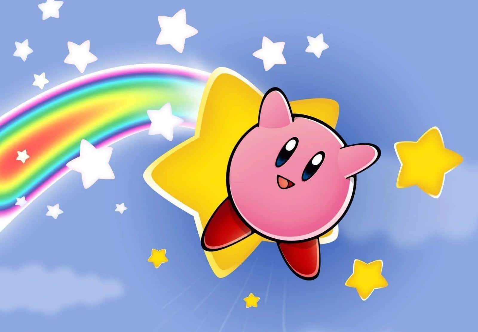 Kirby, personaje de caricatura, volando por un paisaje de colores brillantes Fondos de pantalla