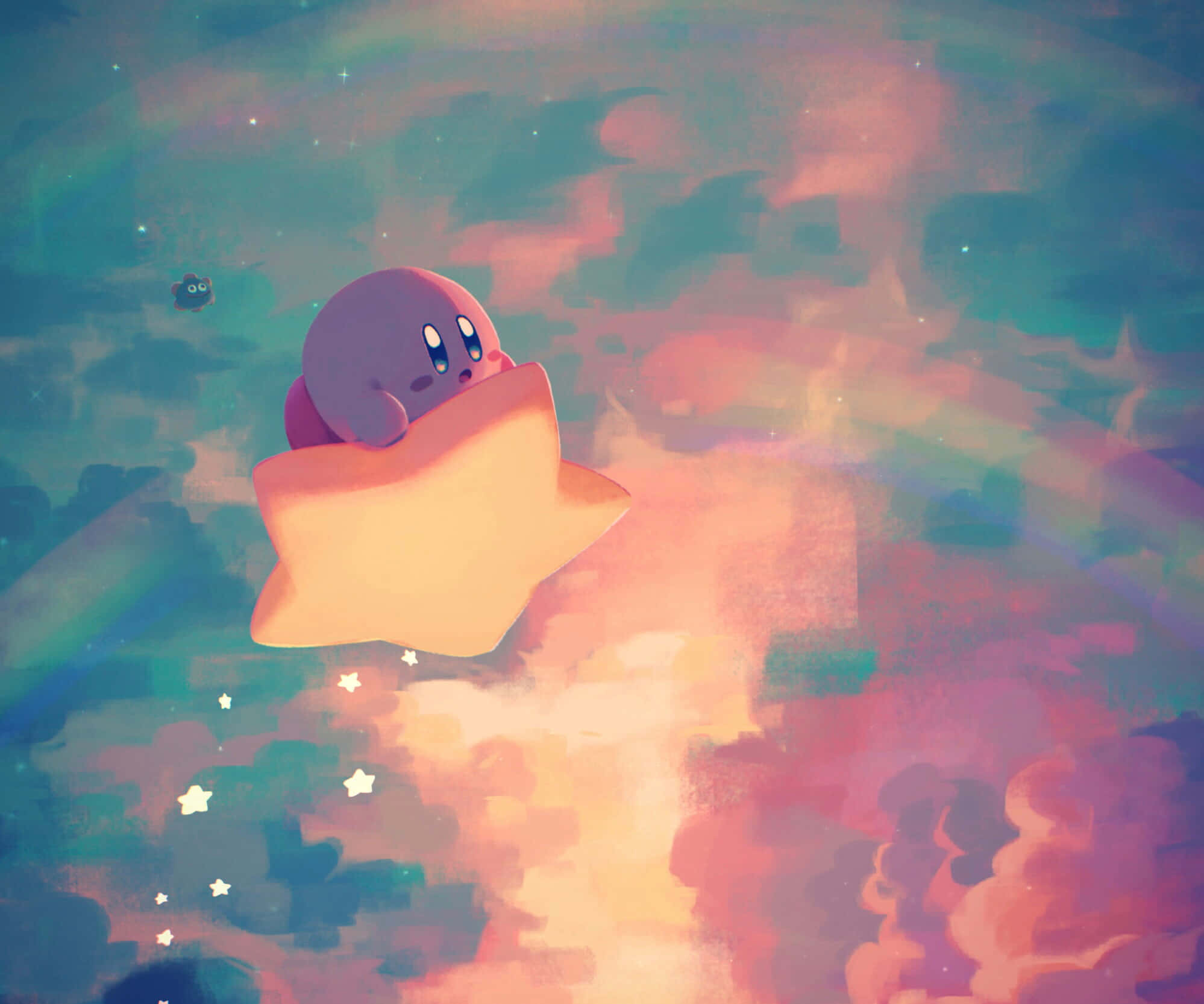 Kirby vuela por el cielo vibrante y colorido. Fondos de pantalla