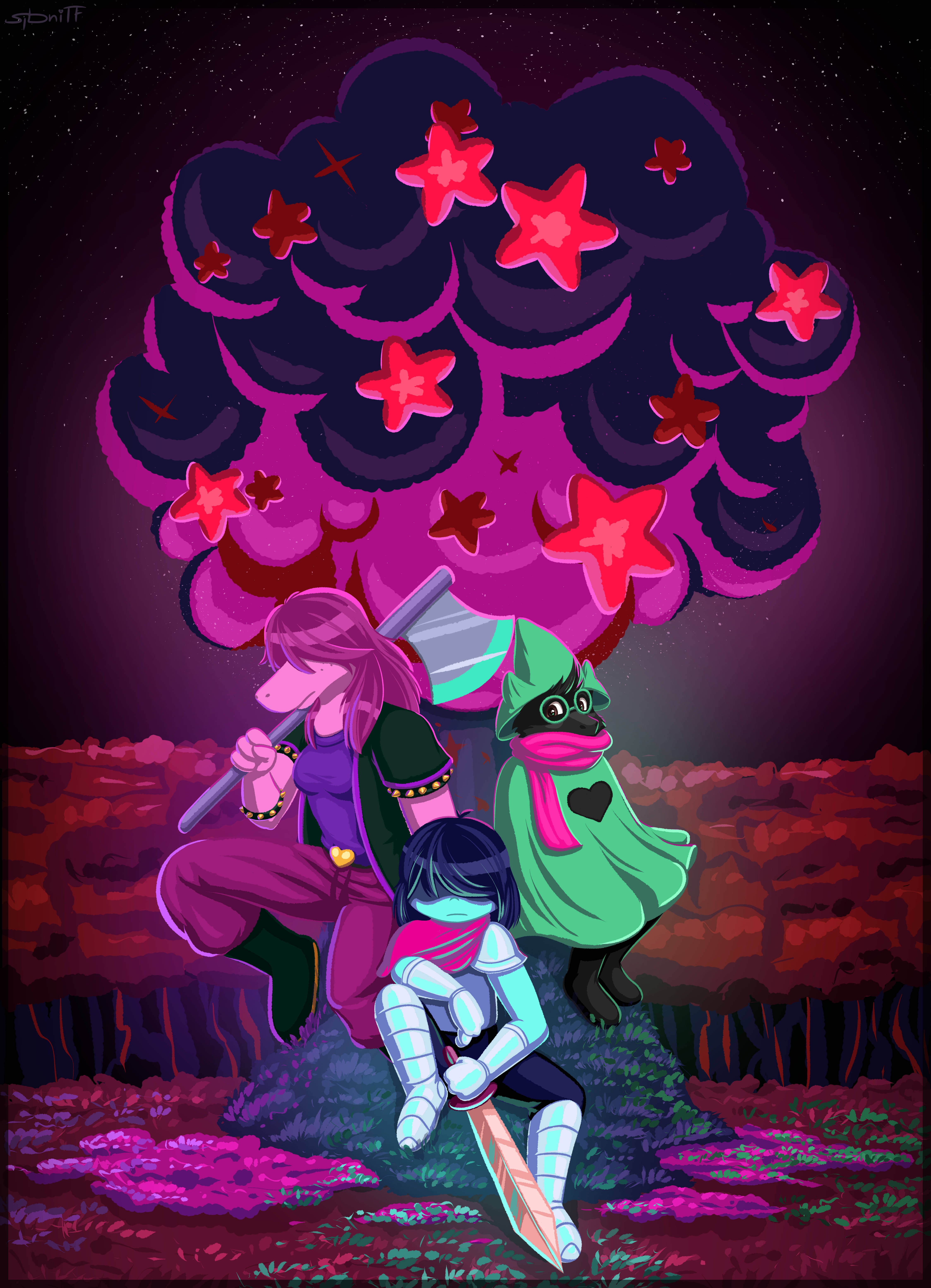 Kris, Susie y Ralsei de Deltarune en un Cielo Nocturno Fondos de pantalla
