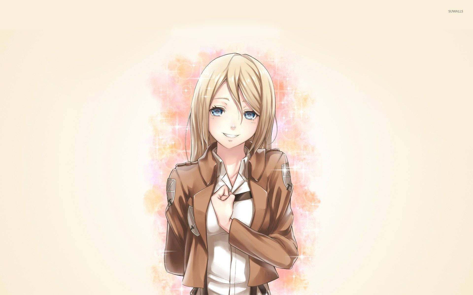 Krista Lenz Historia saludando en medio de un fondo melocotón brillante en un fondo de pantalla de Attack On Titan.