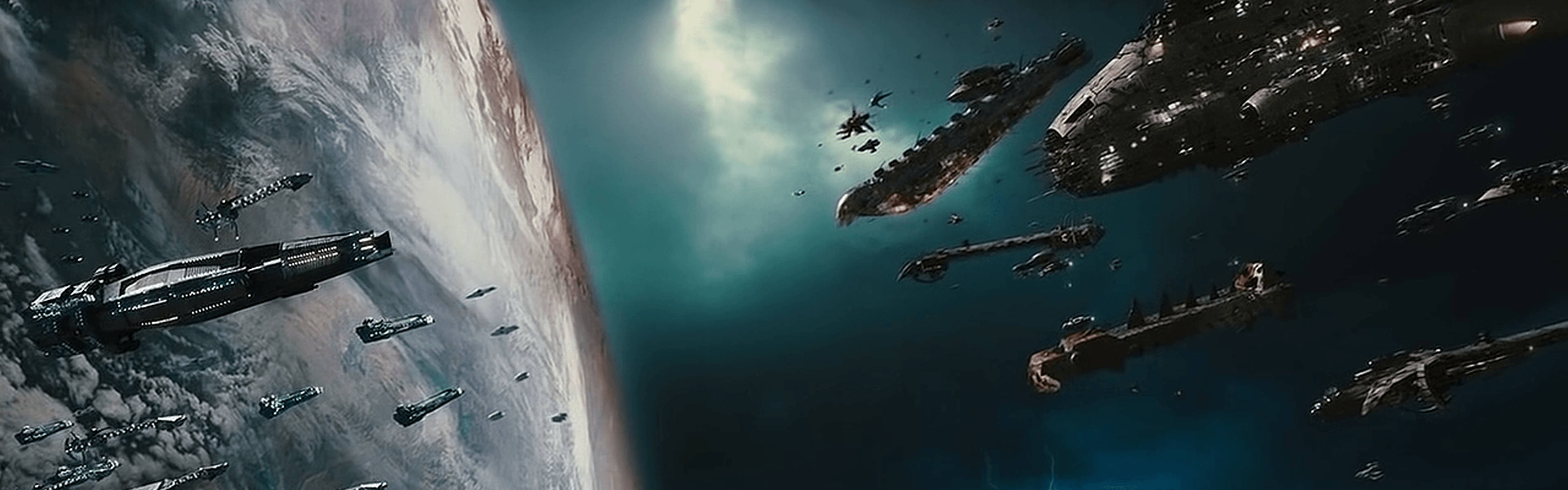 La batalla espacial con gráficos épicos en pantallas duales Fondos de pantalla