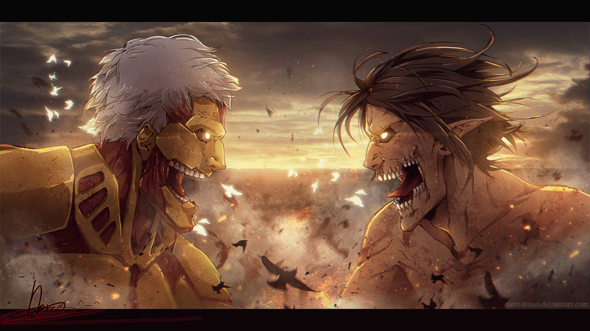 Titán Acorazado enfrentándose al Titán de Ataque en la Batalla de Shiganshina en fondo de pantalla de Attack on Titan.