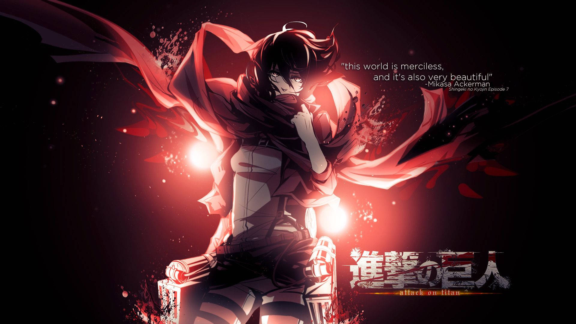 Mikasa Ackerman sosteniendo una bufanda roja en su rostro con una cita en fondo de pantalla de Ataque a los Titanes.
