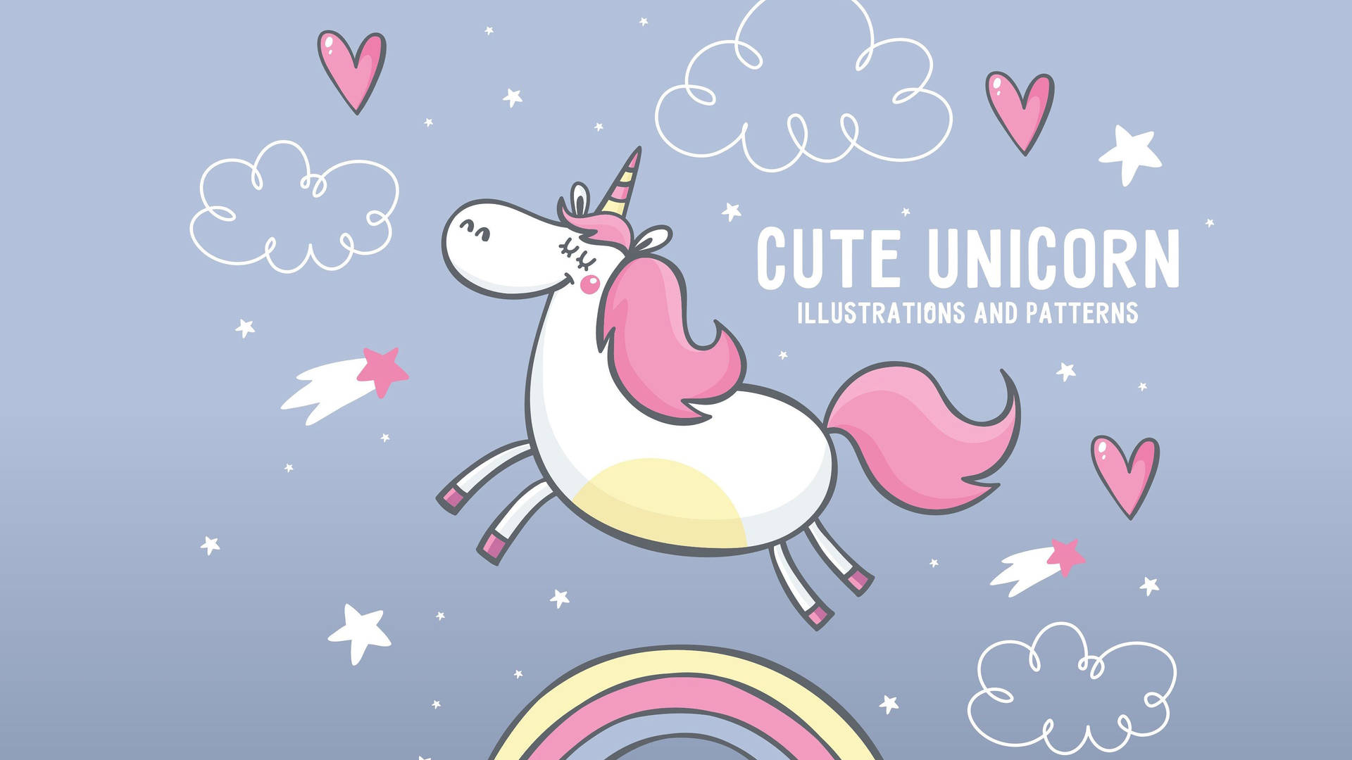 Divertidas ilustraciones y patrones de unicornios rosas con arcoíris, nubes, corazones y estrellas.