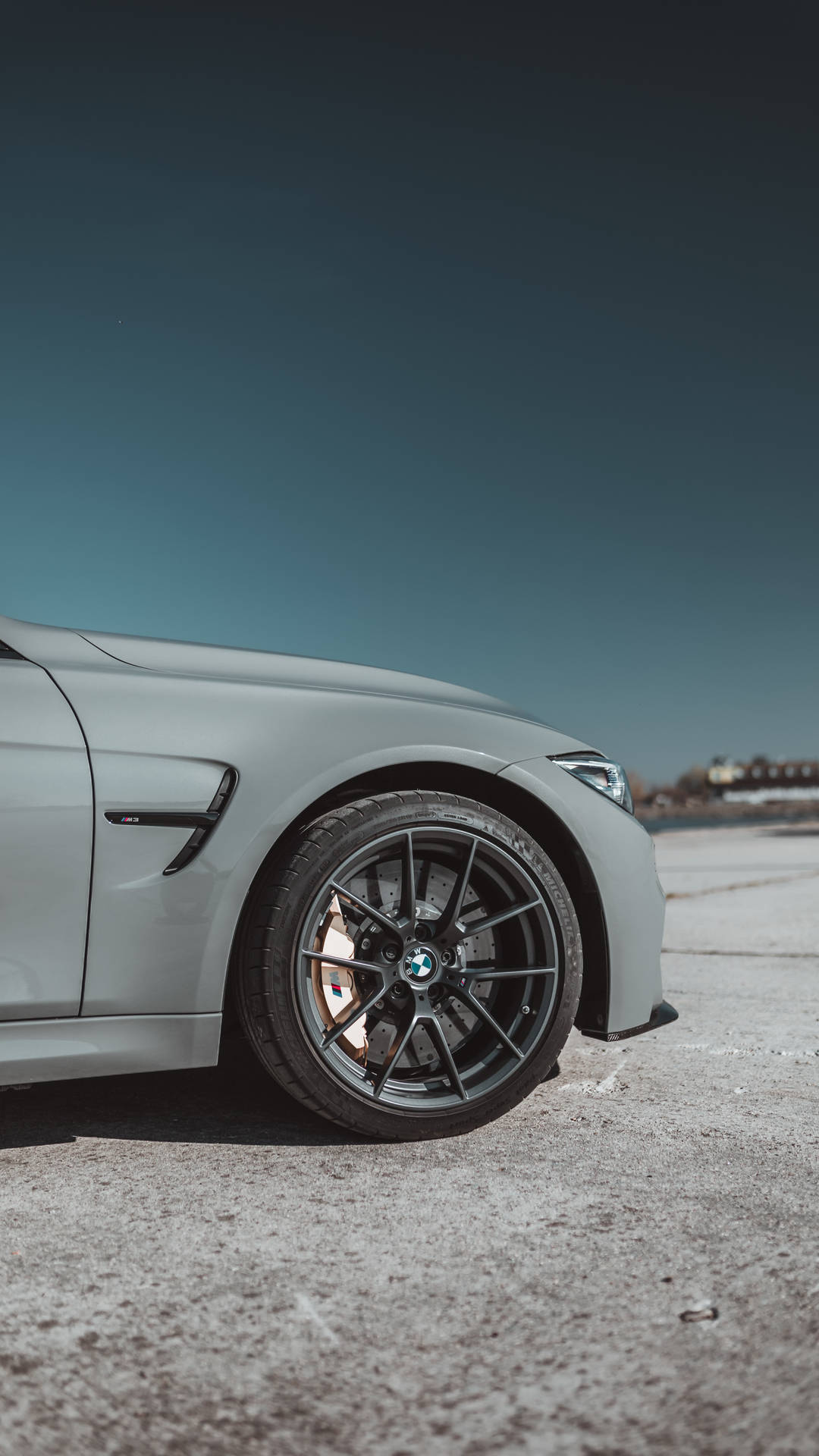 Fondo de pantalla de vista lateral de la llanta de un BMW gris con logotipo