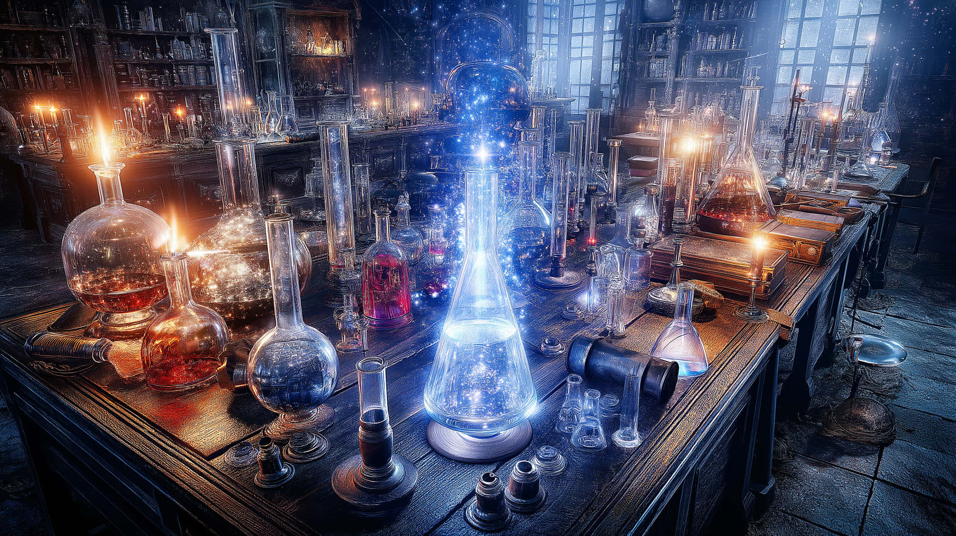 alquimia, laboratorio, pociones, magia, fantasía, ciencia, misterioso, brillante, academia oscura, vintage, brujería, laboratorio, vidrio, experimento, arcano