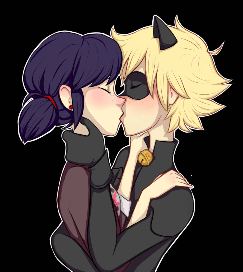 Ladybug y Cat Noir besándose con atuendo oscuro Fondos de pantalla