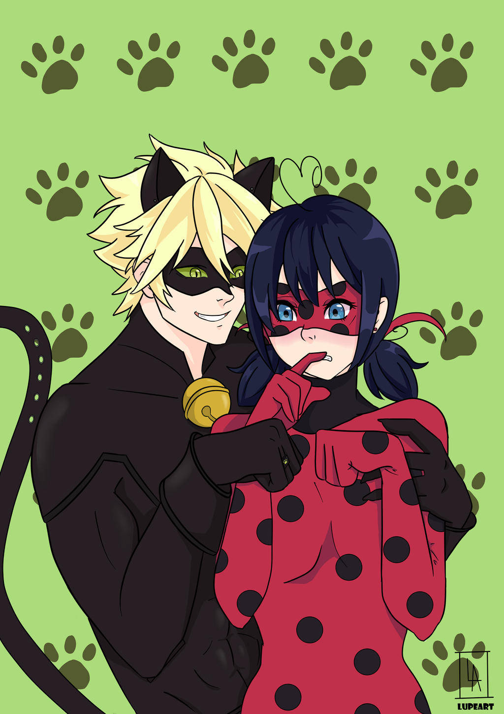Ladybug y Cat Noir besándose con estampado de perro Fondos de pantalla