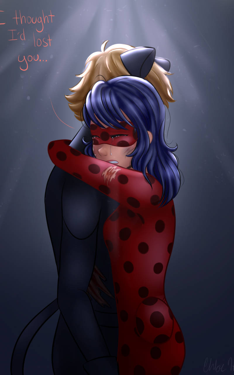 Ladybug y Cat Noir besándose llorando y abrazándose Fondos de pantalla
