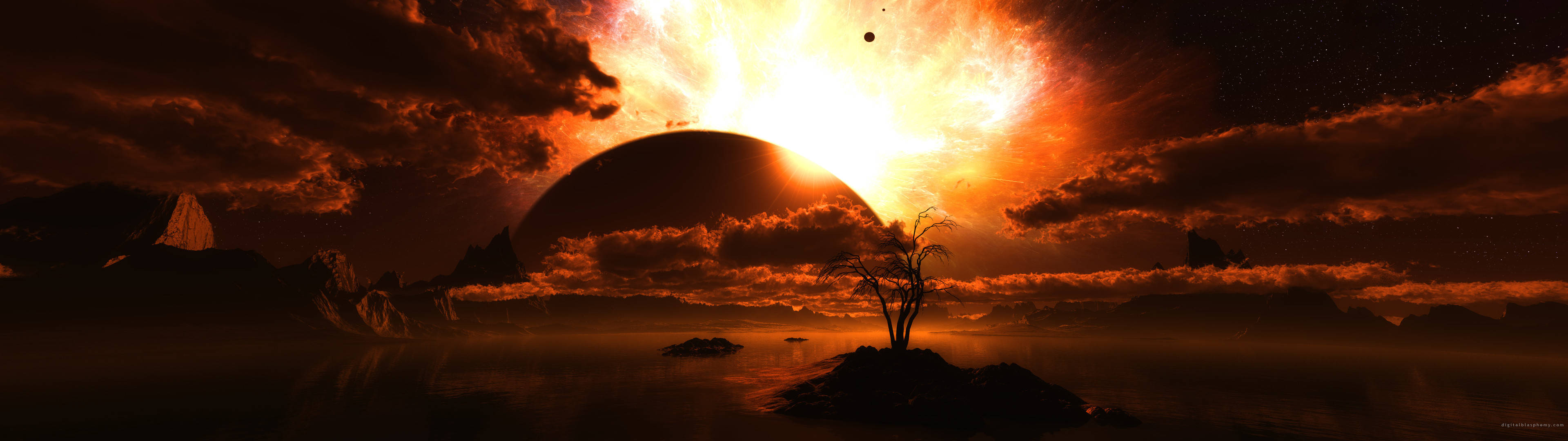 Lago Iluminado por el Sol en Pantalla Dual 3840x1080 HD Fondos de pantalla