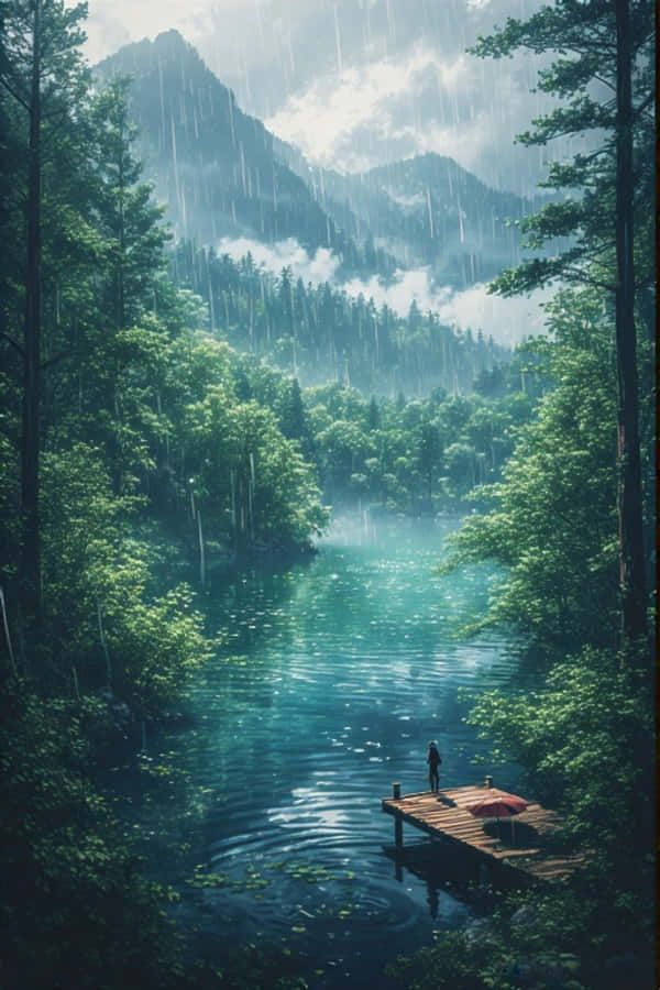 Lago Lluvioso Anime en Bosque Verde Naturaleza Pacífica 4K Fondos de pantalla