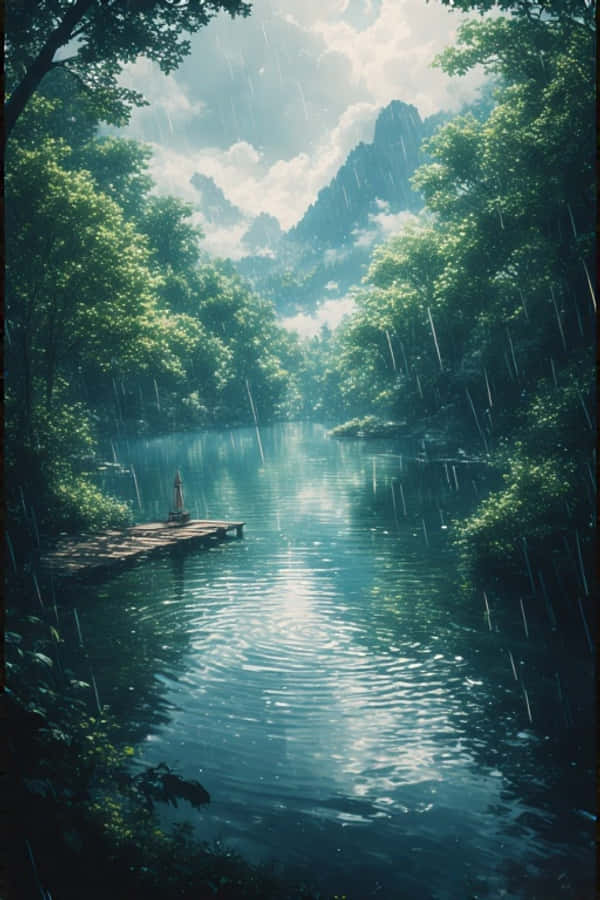Lago lluvioso anime en bosque verde naturaleza pacífica 4K Fondos de pantalla