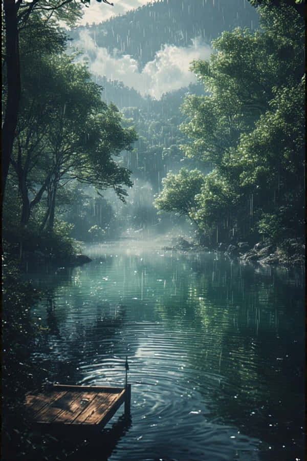 Lago Lluvioso Anime en Bosque Verde Naturaleza Pacífica 4K Fondos de pantalla