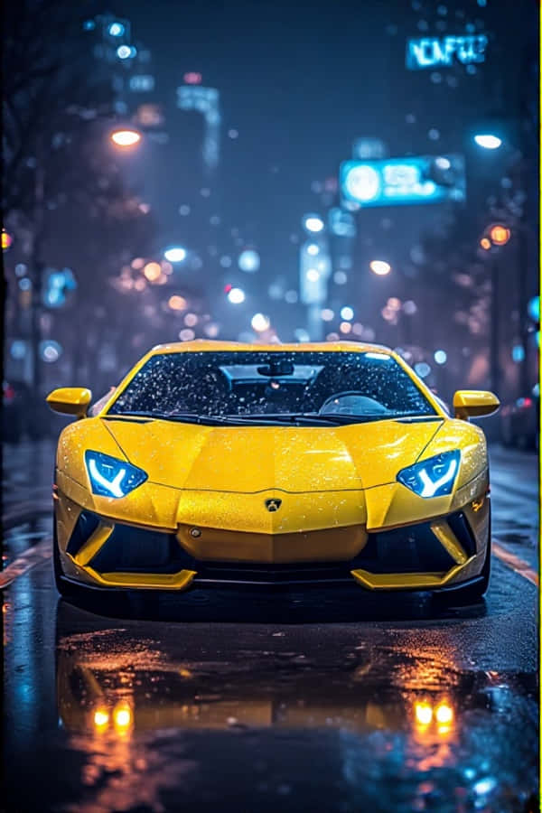 Lamborghini amarillo neón de noche con luces de ciudad futuristas 4K fondo de pantalla retrato Fondos de pantalla