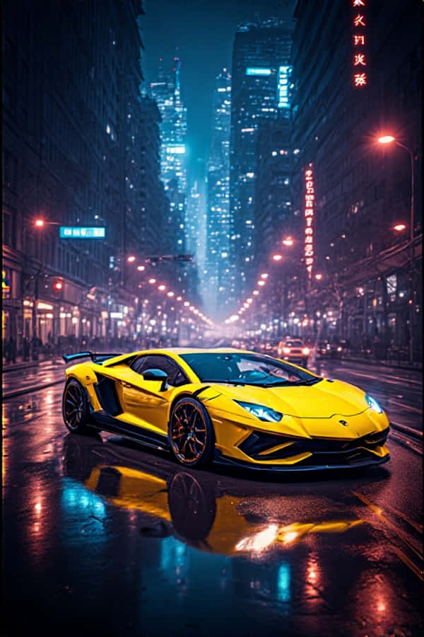 Lamborghini Amarillo Neón de Noche Fondo de Pantalla Futurista 4K Luces de Ciudad Vertical Fondos de pantalla
