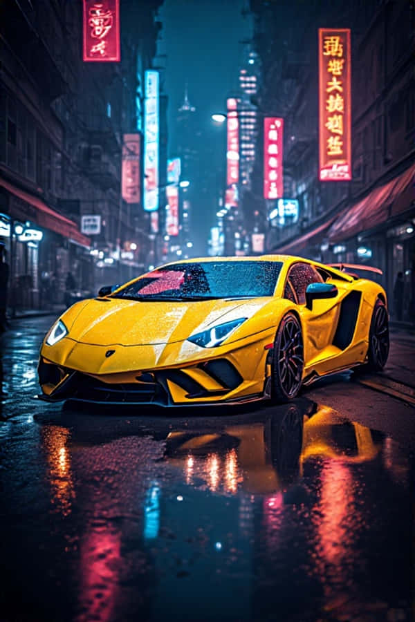 Lamborghini amarillo neón en la noche con luces futuristas de la ciudad en 4K - Fondo de pantalla vertical Fondos de pantalla