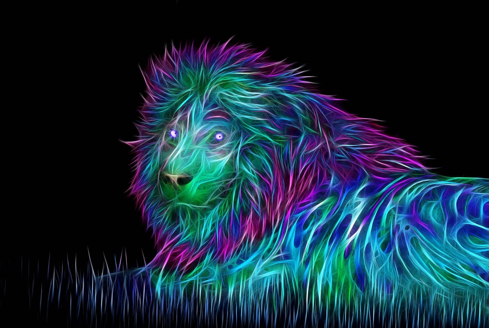 Fondo de pantalla de león de neón 3D recostado sobre hierba