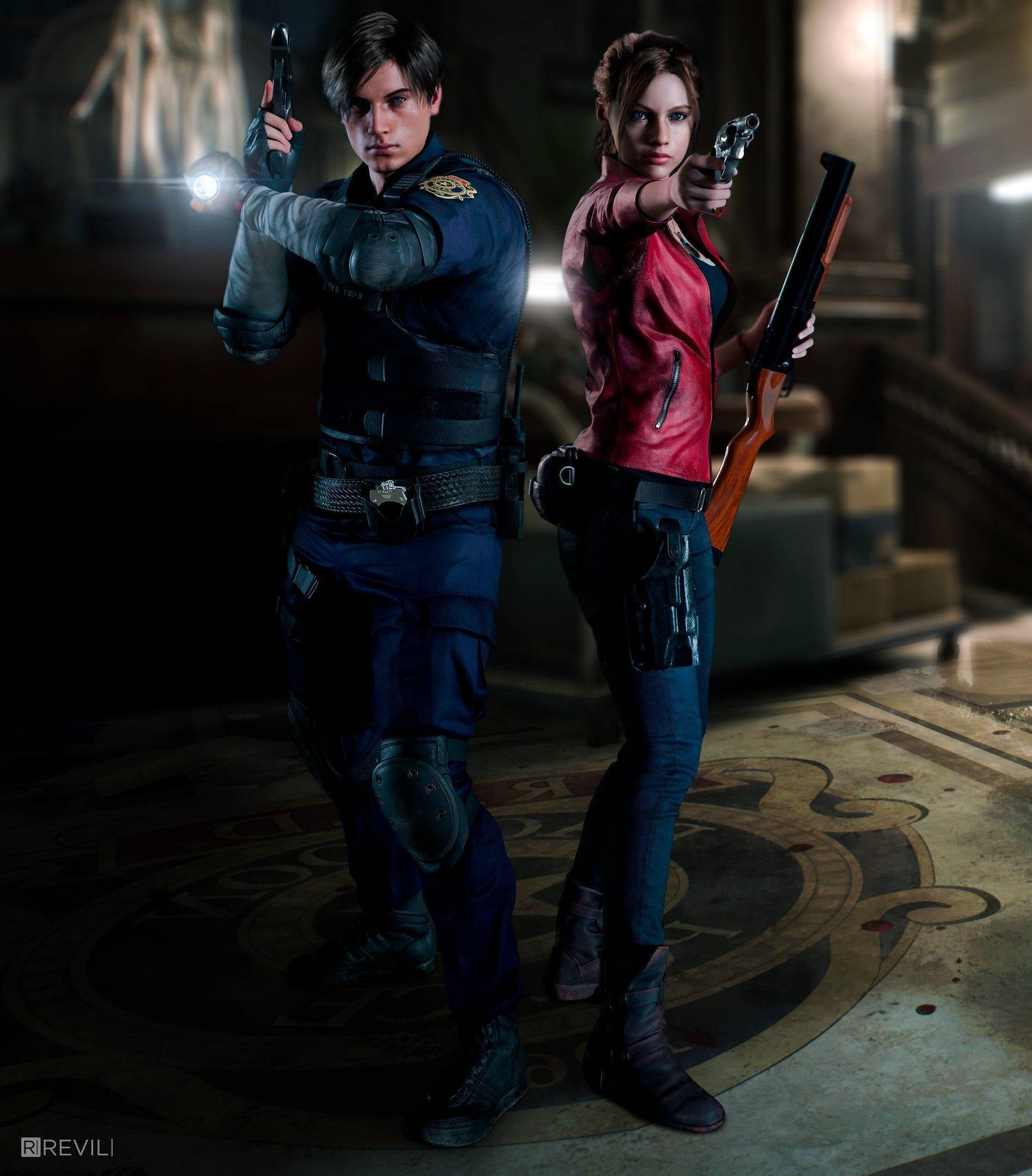 Leon y Claire se unen contra la horda zombie en la RPD Fondos de pantalla