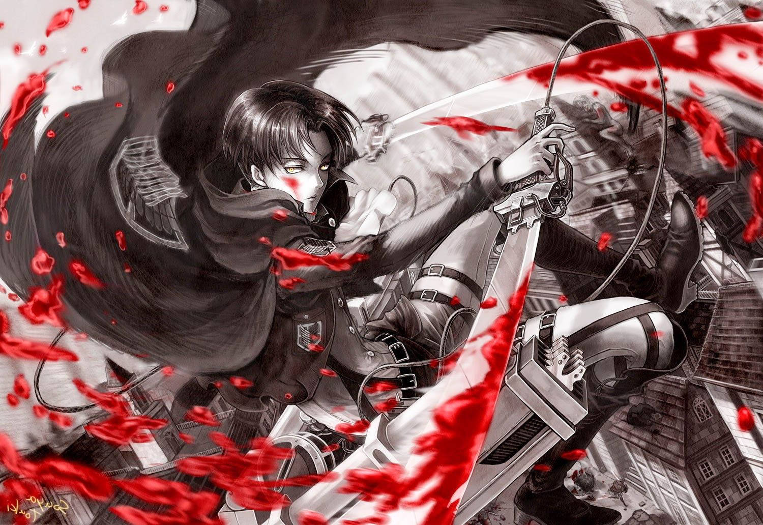 Capitán del Escuadrón Levi Ackerman en fondo de pantalla de fan art de Ataque a los Titanes salpicado de sangre.