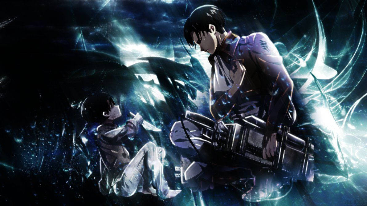 Levi agachado mirando a su yo más joven en fondo de pantalla de Ataque a los Titanes.