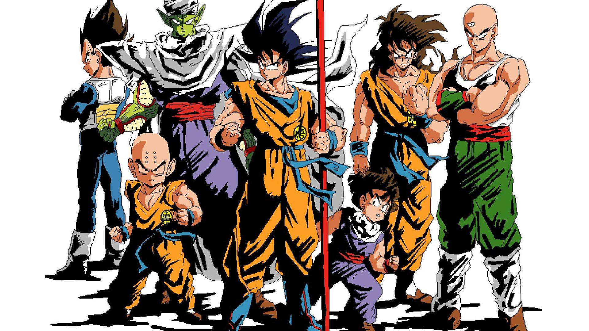 Dragon Ball, San Goku, Super Broly con Vegeta, Piccolo y Gohan, personajes de anime super saiyajin.