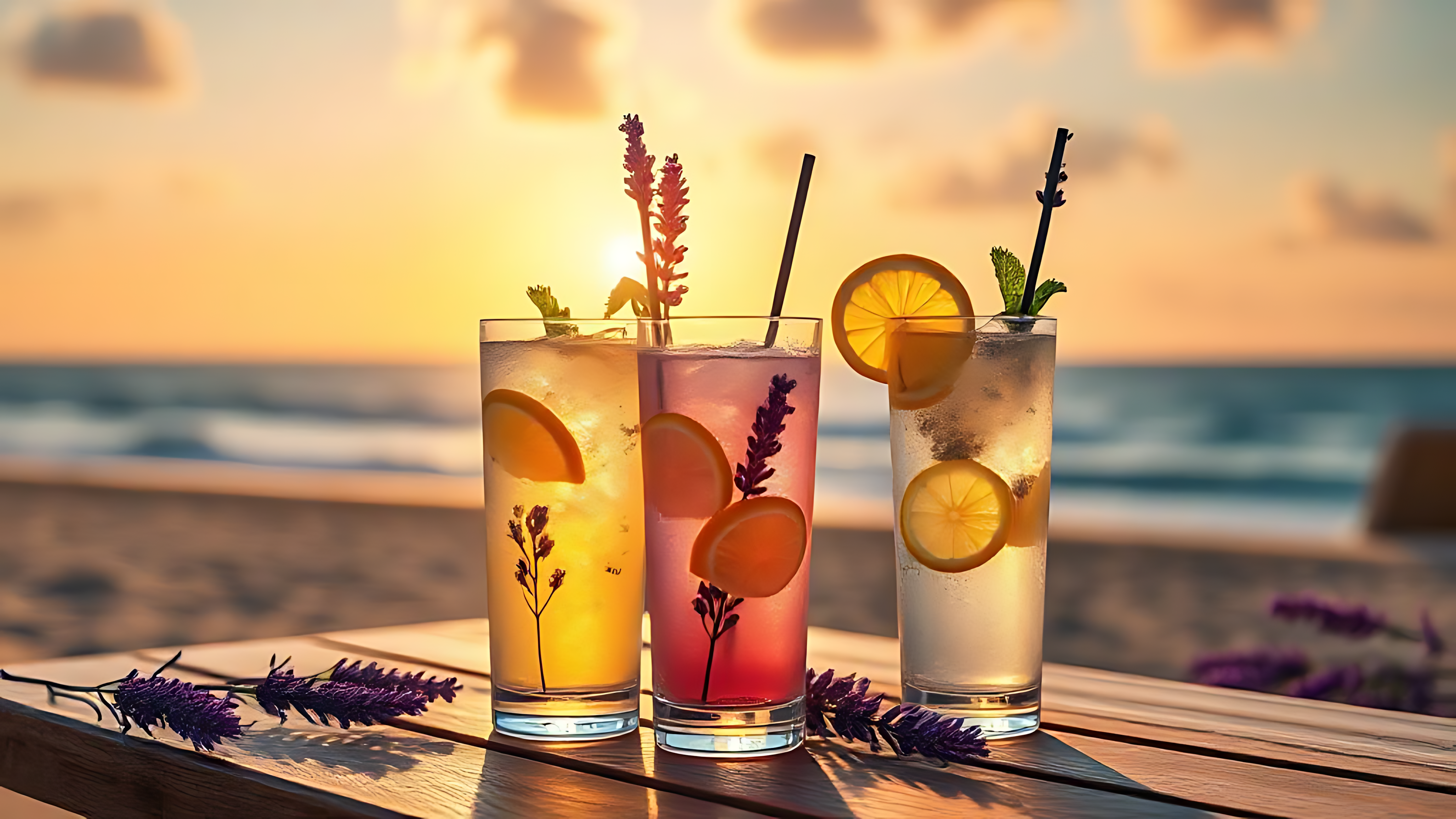 Limonada refrescante en la playa al atardecer Fondos de pantalla
