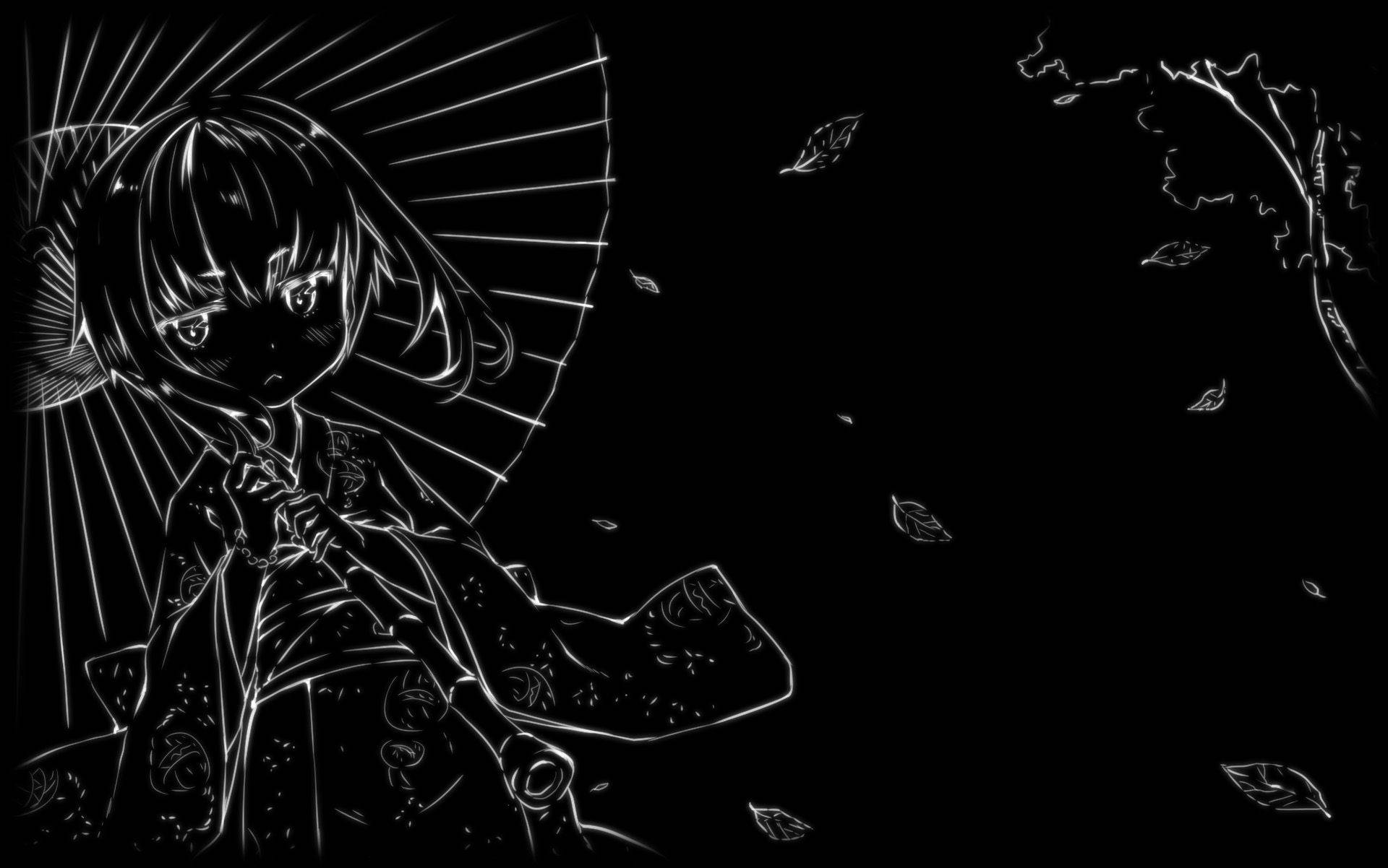 Linda chica anime estética en blanco y negro con paraguas Fondos de pantalla