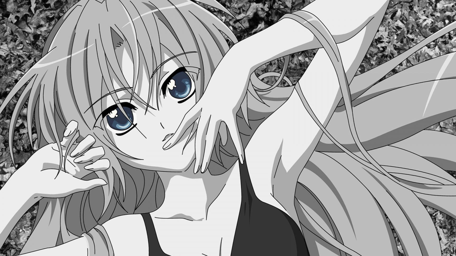Linda chica anime estética en blanco y negro con ojos azules Fondos de pantalla