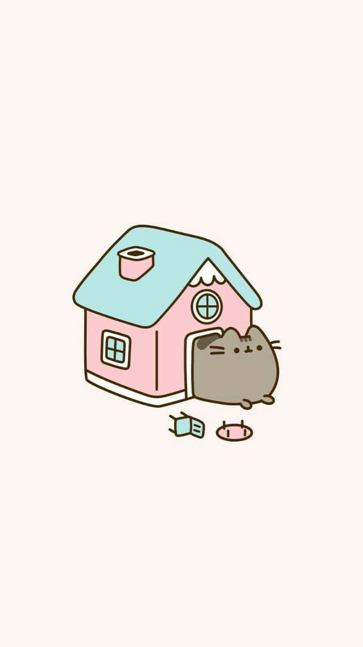 Linda Kawaii Pusheen en una casa Fondos de pantalla