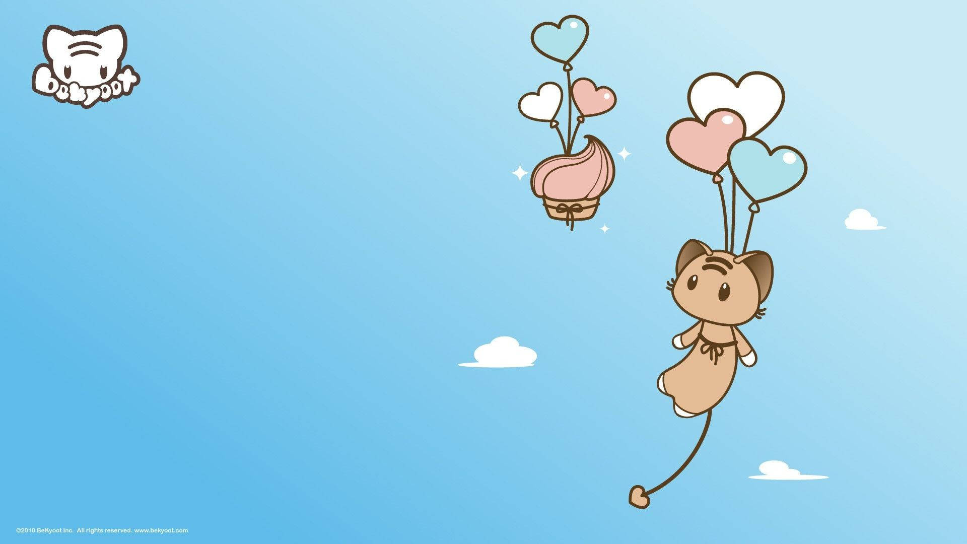 Fondo de pantalla de un adorable gato kawaii volando en globos.
