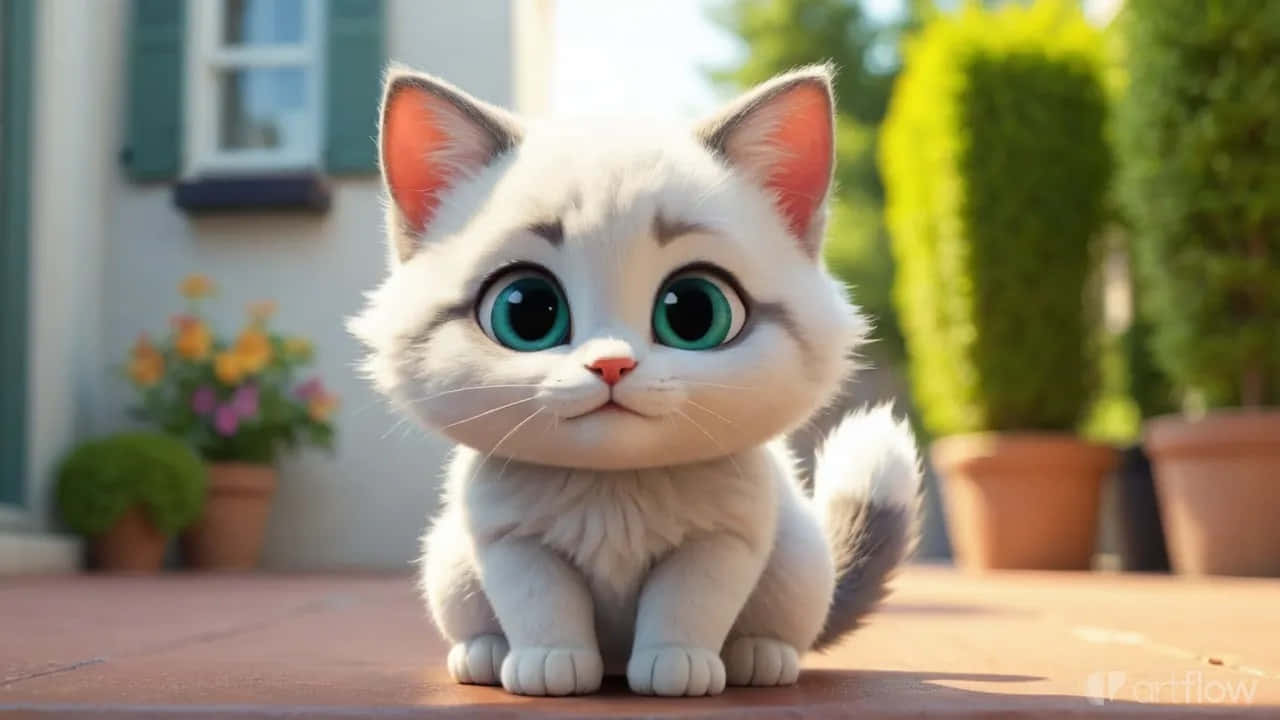 Gatito Lindo de Ojos Grandes Sentado al Aire Libre – Gato Estilo 3D Adorable Fondos de pantalla