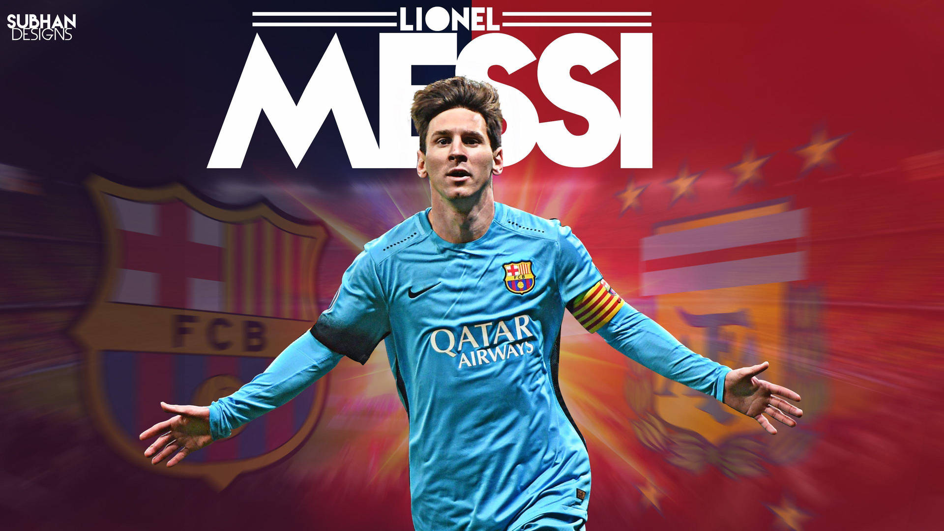 Fondo de pantalla de Lionel Messi con los logotipos del FCB y la AFA