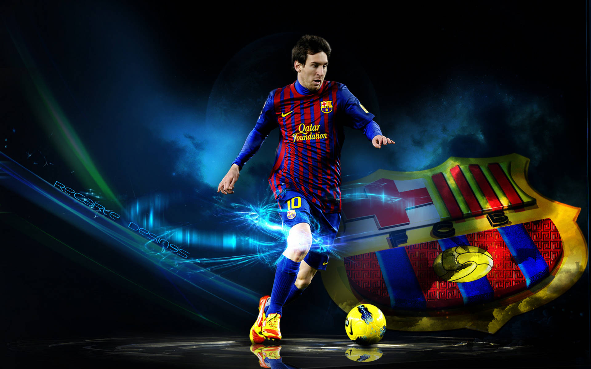 Fondo de pantalla de Lionel Messi con el logotipo 3D del FC Barcelona