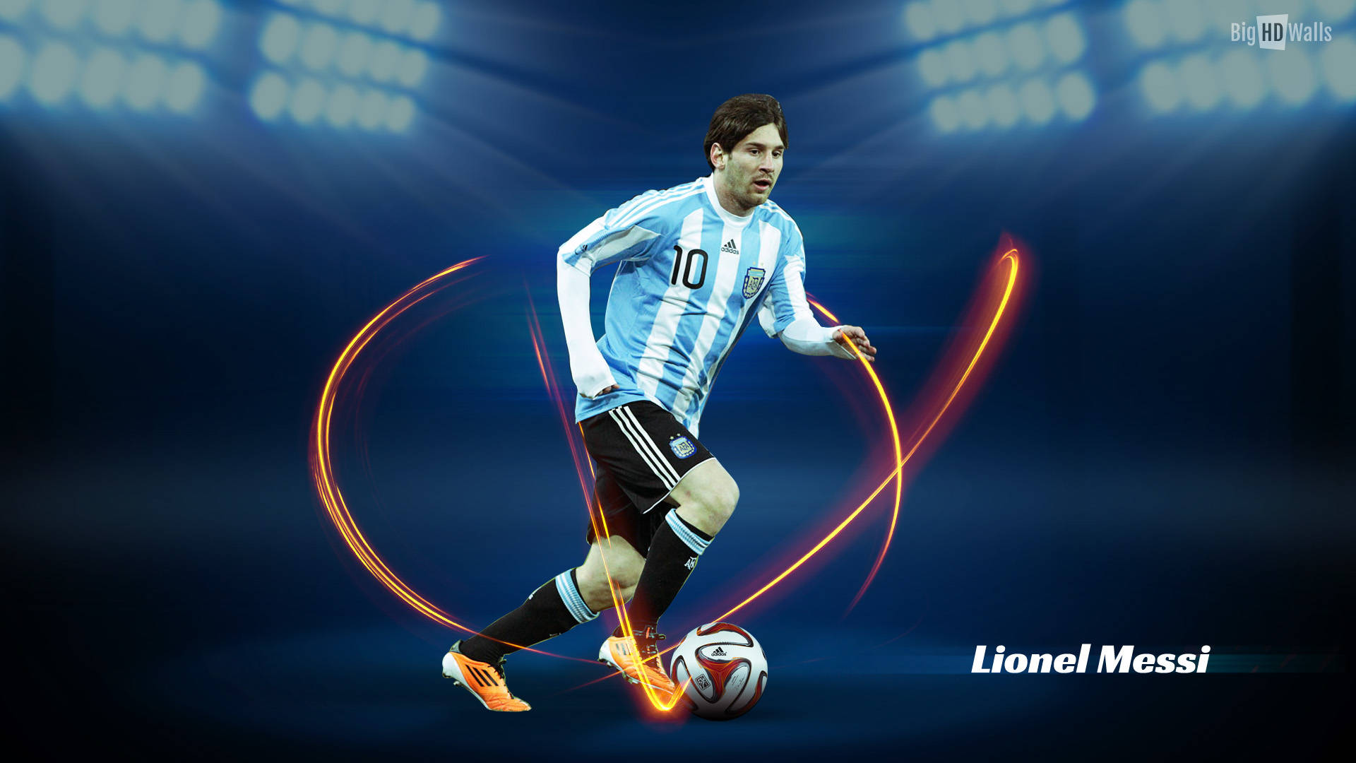 Fondo de pantalla de arte de fan de Messi con la camiseta de la AFA en un campo azul
