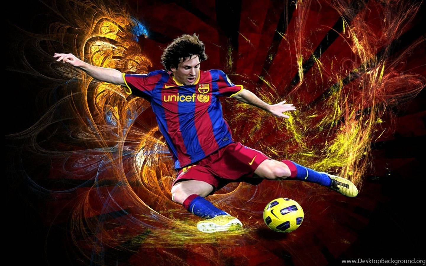 Fondo de pantalla de arte digital de Lionel Messi pateando un balón de fútbol amarillo