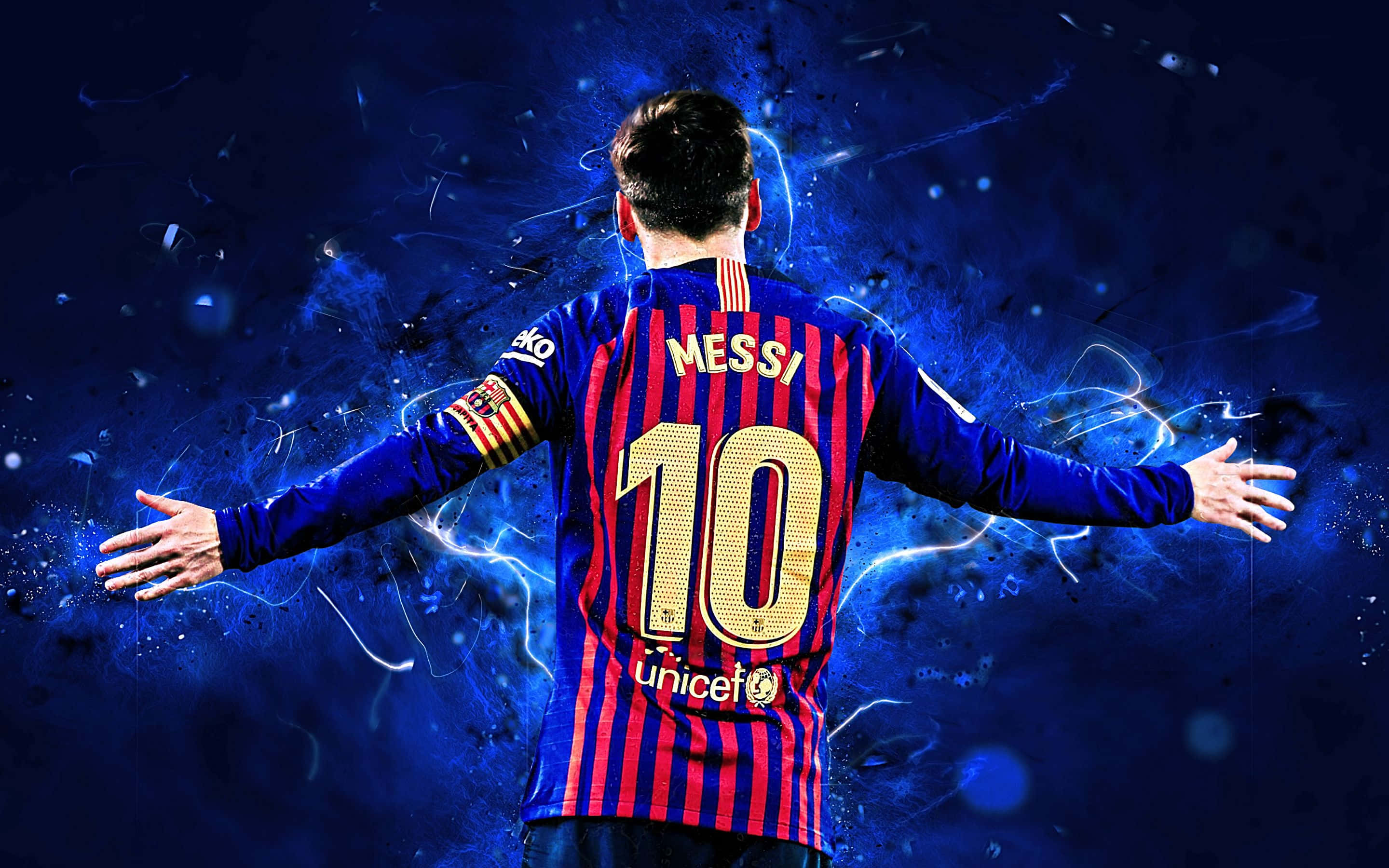 Lionel Messi dribla alrededor de su defensor rodeado de un atardecer colorido. Fondos de pantalla