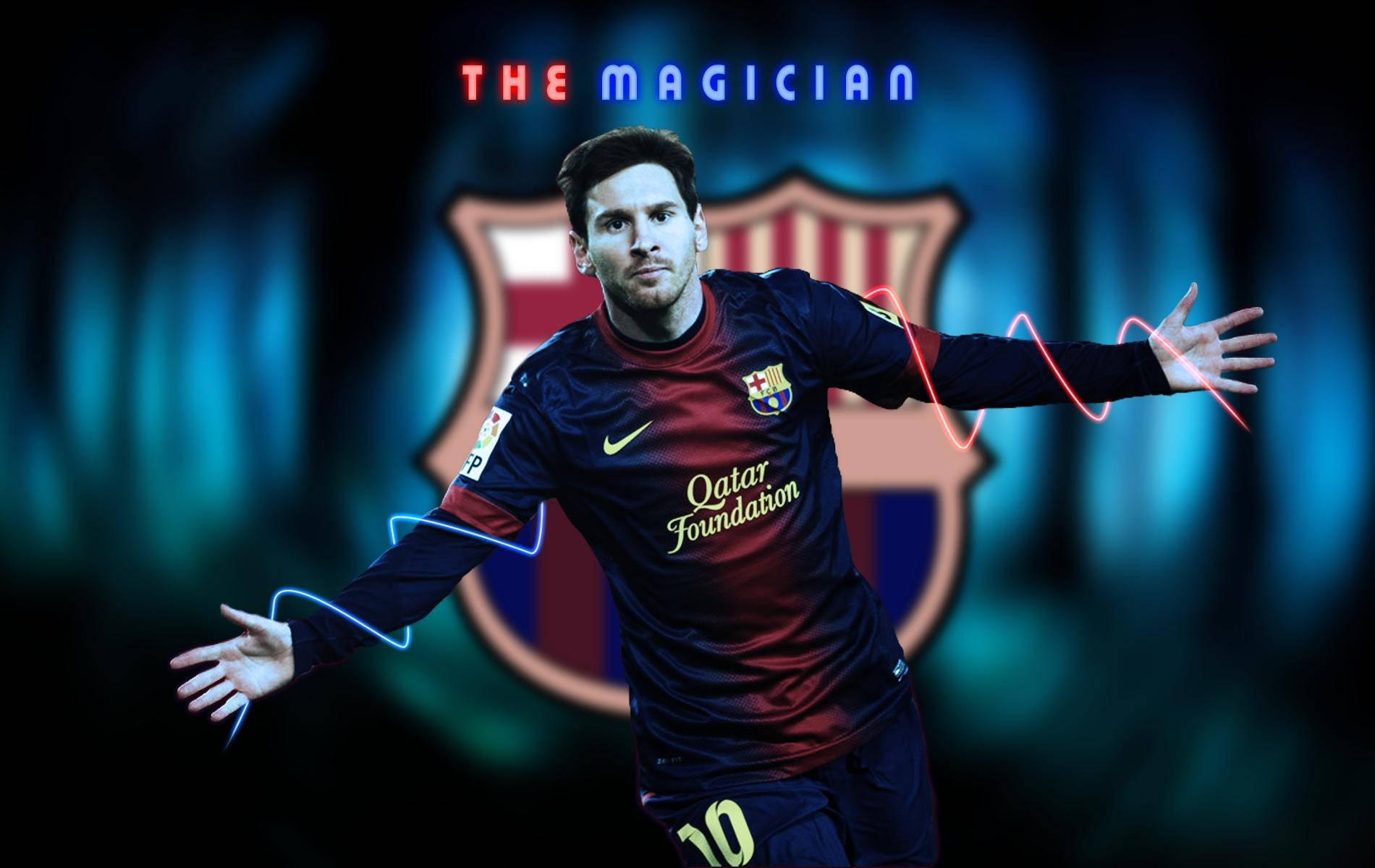 Fondo de pantalla de Lionel Messi con el texto 'El Mago' y el logotipo del FCB