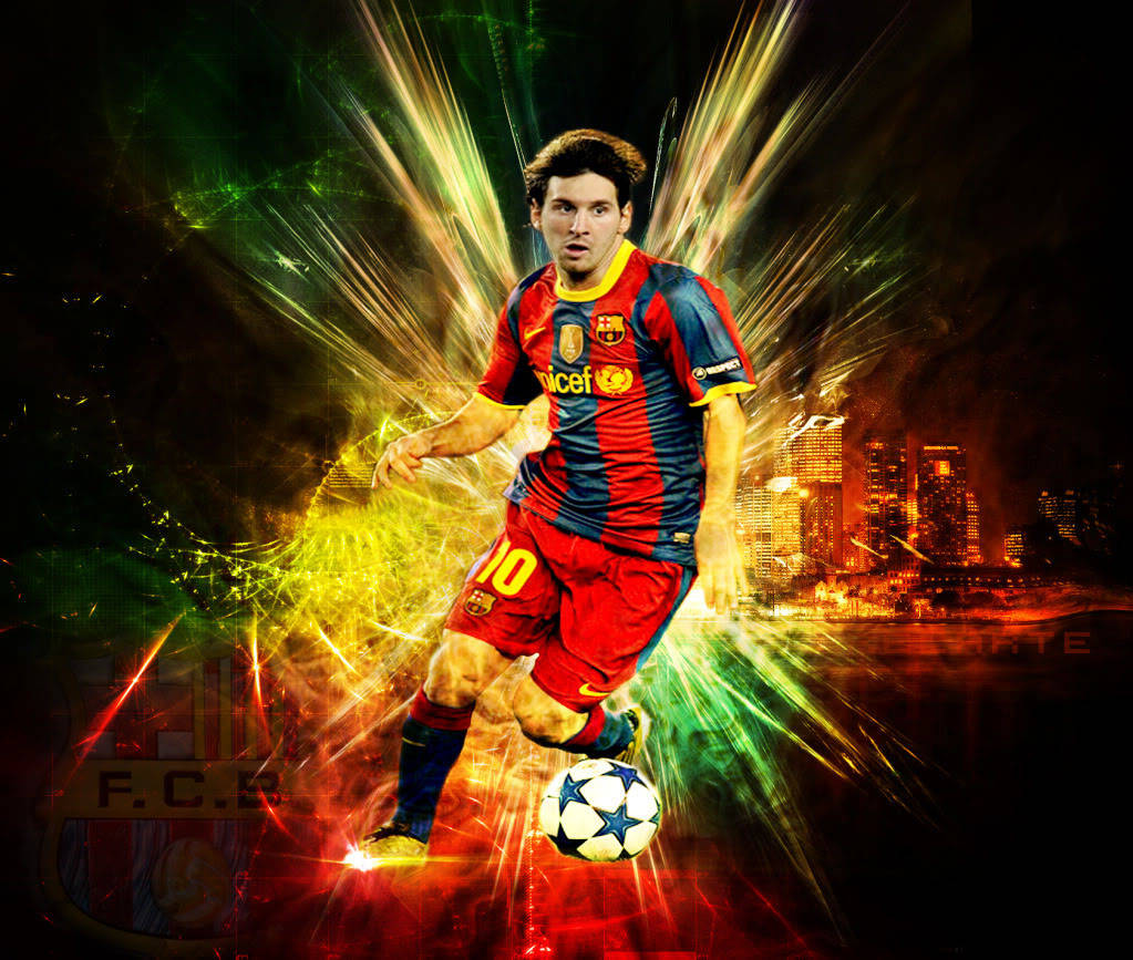 Fondo de pantalla de arte de Lionel Messi con luces brillantes y horizonte de la ciudad — Messi Fondos de pantalla