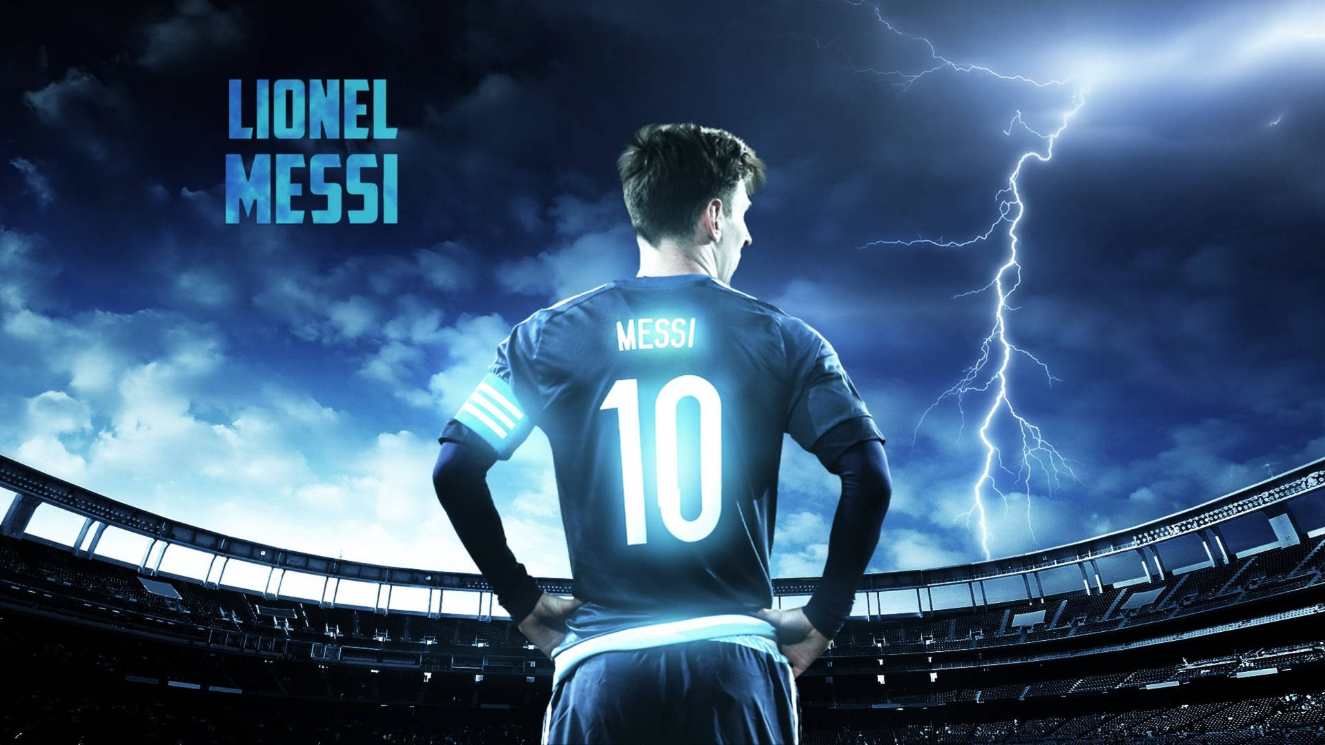 Fondo de pantalla de Lionel Messi en el estadio bajo un cielo de relámpagos azules