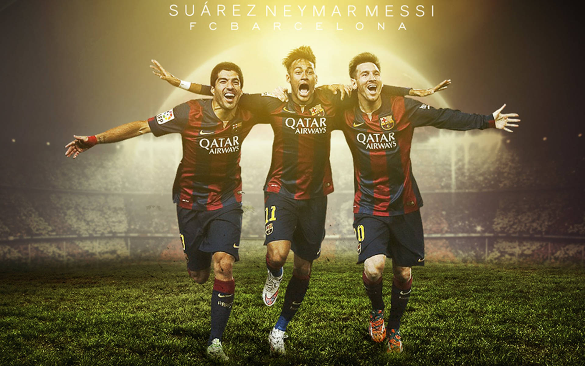 Fondo de pantalla del trío de fútbol Messi, Suárez y Neymar corriendo en el campo