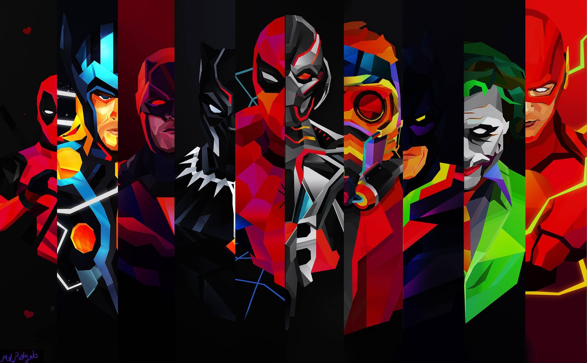 Arte digital de superhéroes de Marvel con personajes en franjas verticales.
