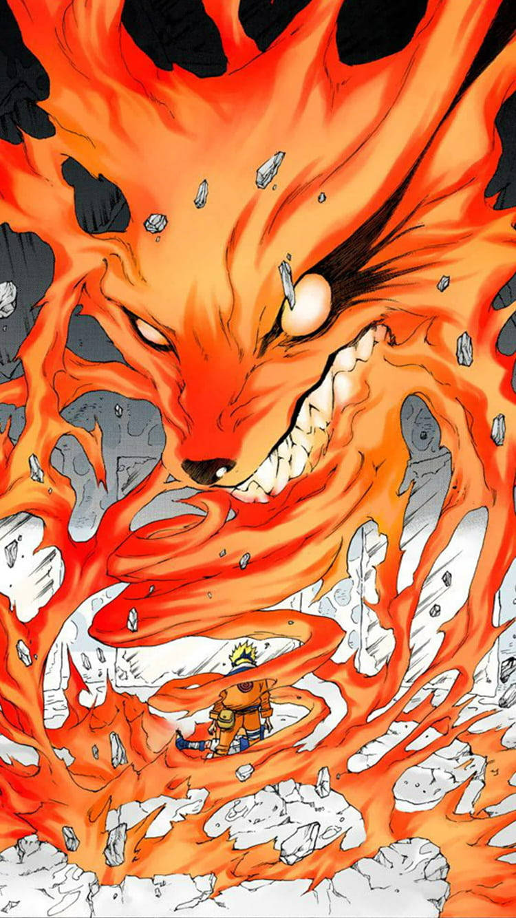 Llamas vivas de Kurama rodeando a Naruto