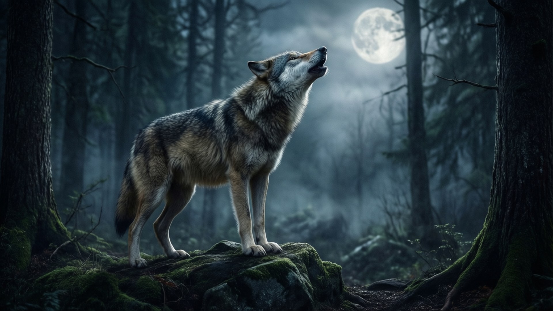 Lobo aullando en el bosque oscuro Fondos de pantalla
