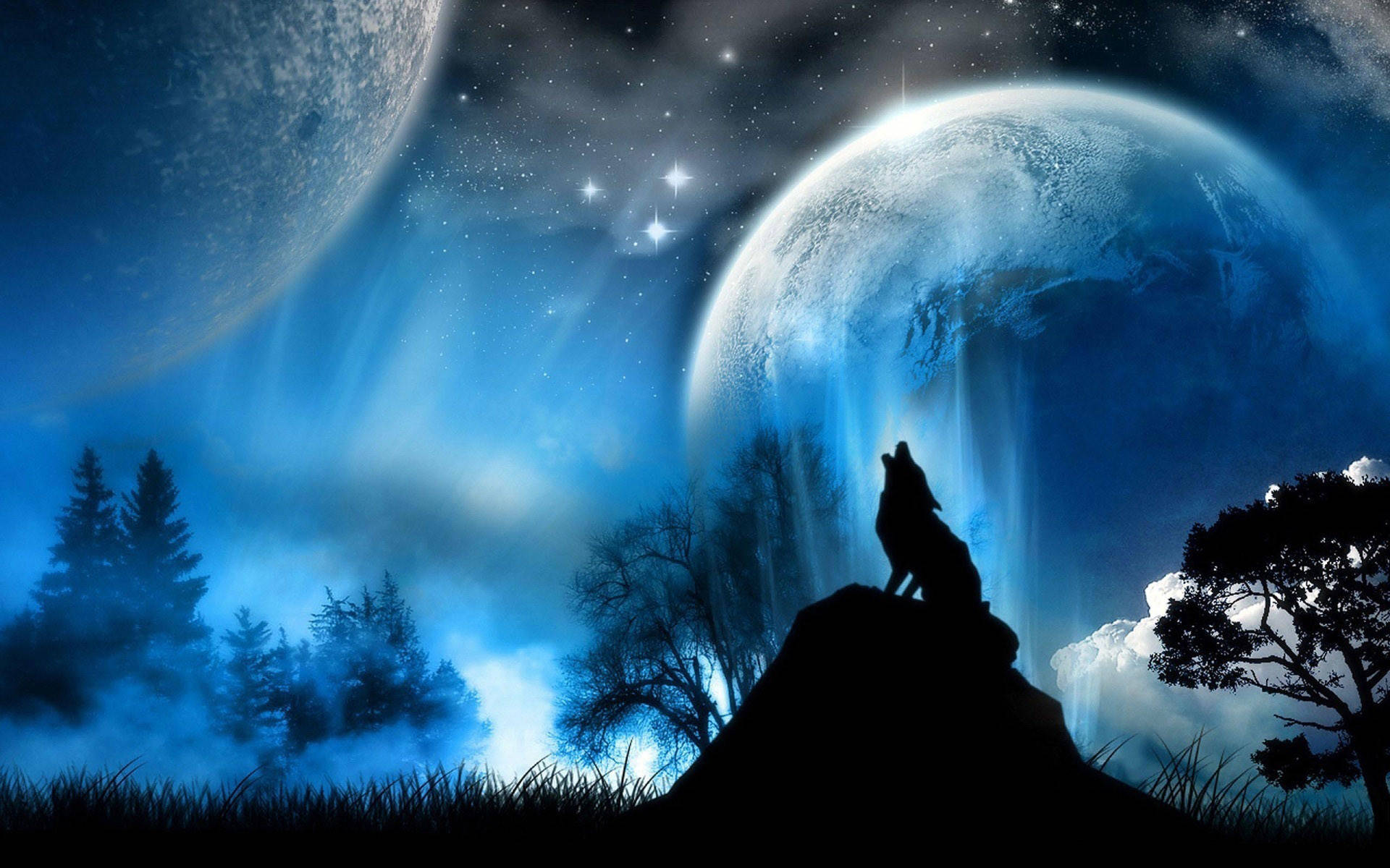Lobo Aullando y Luna Galáctica Gráfico Fondos de pantalla